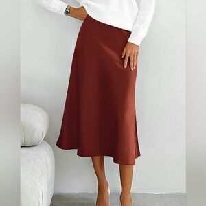 Elegant Brown Rust Satin Midi Skirt